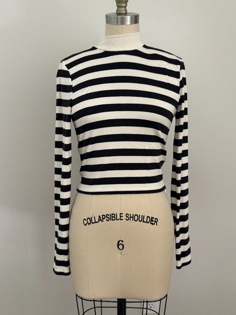 Bershka Black & White Striped Mock Neck Crop Long Sleeve French Girl Top M